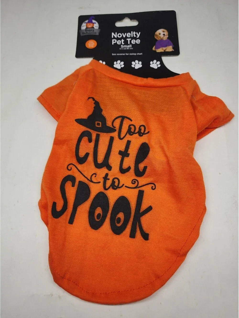 Too Cute To Spook Dog HALLOWEEN T-Shirt Clothes Size Small Orange Witches Hat